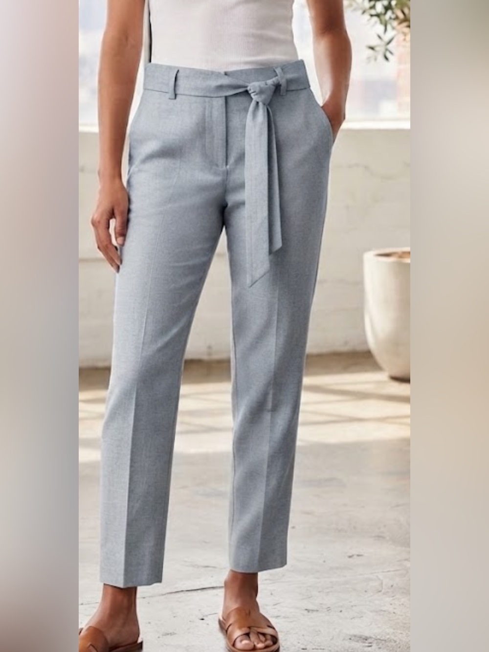 LOFT Tie Waist Tapered Ankle Pants 2P Light Blue Gray Linen Blend Paperbag